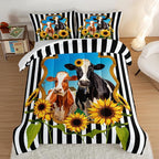 HOSIMA Animal Theme Bedding Set Bull and Cow Comforter with 2 Pillowcases,Black and White Stripes Twin Bed in a Bag Sets for Adults Teens Kids,Sunflower Print Western Bedding Sets.