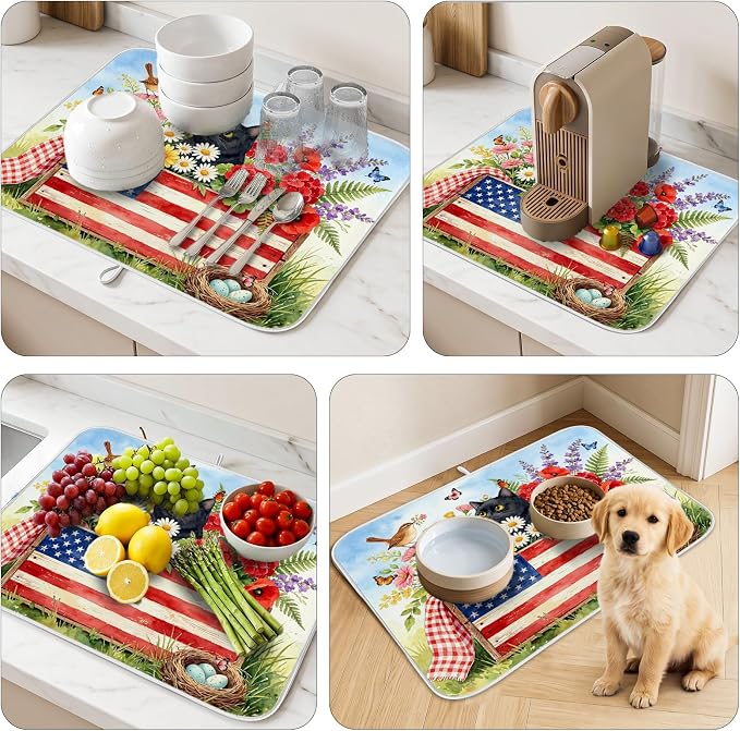 Patriotic Cats Dish Drying Mat for Kitchen Counter Coffee Bar 18x24 in | Decorative Non Slip Absorbent Kitchen Dishes Drainer Mat, with Anti-slip Rubber Backing & Hanging Loop, for Sink, Home Gift