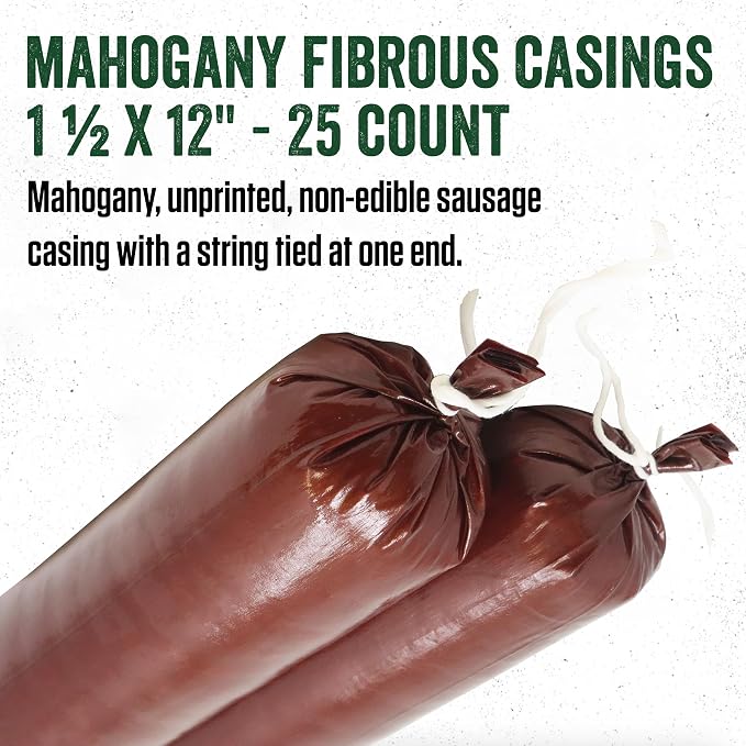 LEM Products Mahogany Fibrous Sausage Casings, 1.5" x 12" Non-Edible Casings for Summer Sausage, Pepperoni, Salami, Italian, Homemade Sausages, Stuffs Approx. 1 lb Each, 25 Count (Pack of 6)