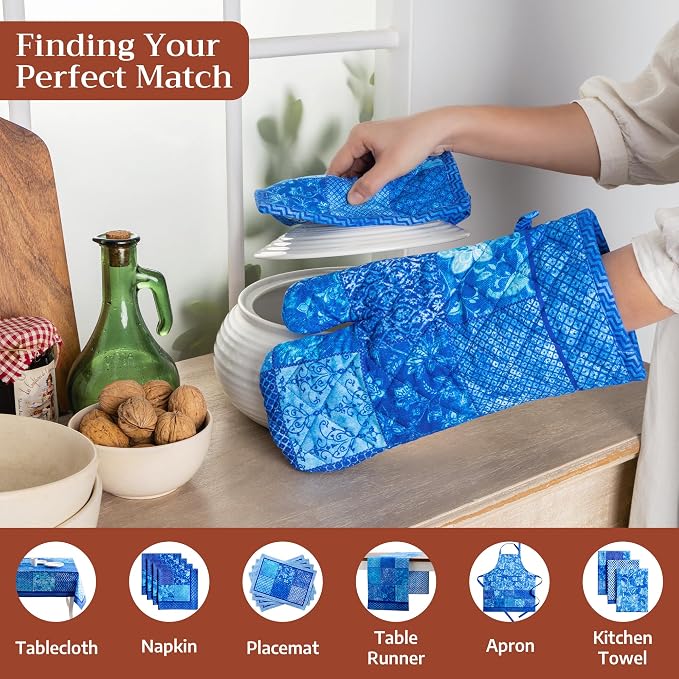 Maison d'Hermine Oven Gloves 100% Cotton Oven Mitt (7" x 13", Pack of 1) | With Loop Heat Resistant BBQ Cooking Gloves Baking Grilling Kitchen Handling Hot Pans Spring Summer - Indigo Love