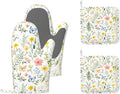 Wildflowers Oven Mitts and Pot Holders (4PCS),Vintage Plants Herb Flower Butterfly Heat Resistant Non-Slip Silicone Kitchen Gloves for Cooking, Baking, BBQ Waterproof Kitchen Accessories