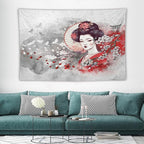 Japanese Geisha Tapestry Asian Red Cherry Blossom Traditional Kimono Folk Tapestries Home Decor for Living Room Bedroom Apartment Farmhouse Dorm 90"x60"