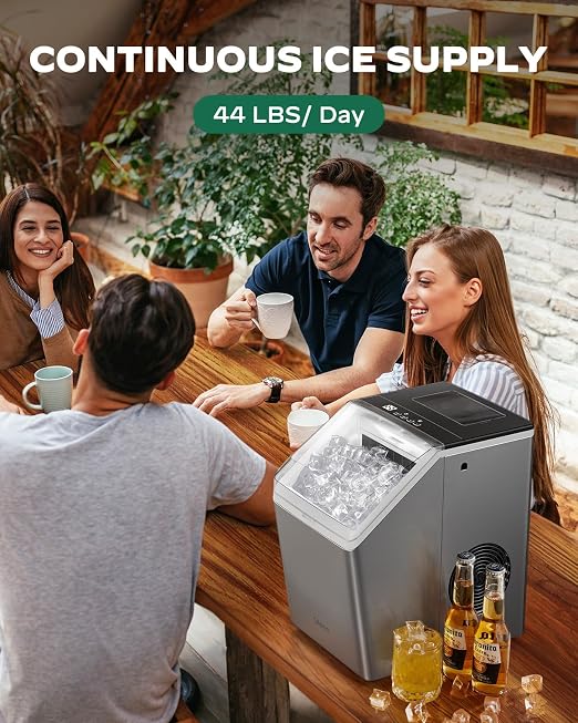 Silonn Ice Maker Countertop 44lbs/Day, Ice Cube Maker with Self-Cleaning, Stainless Steel Ice Machine with 2 Water Fill Options, Compact for Home Office Bar Party