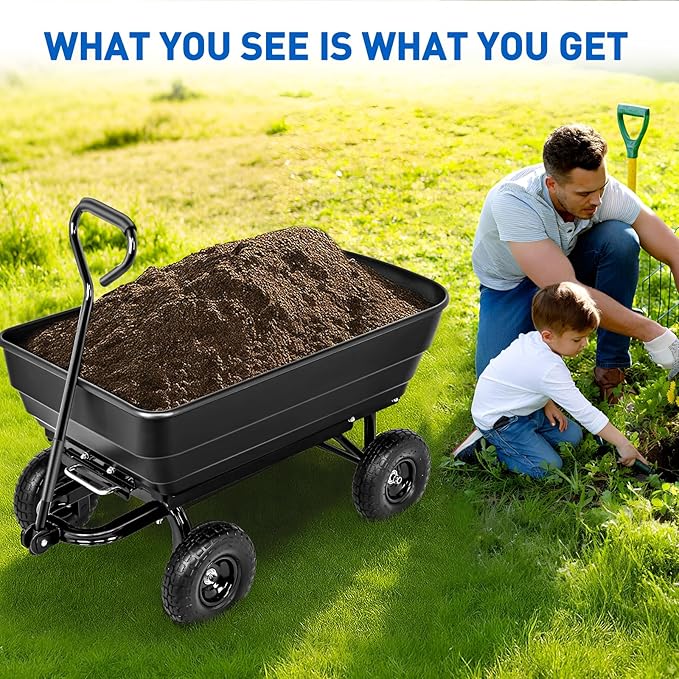 Yesker Garden Carts - 900lbs Dump Wagon with All Terrain Inflatable Wheels for Yard Lawn Farms Gardening - Heavy Duty Utility Outdoor Hauling Wheelbarrow