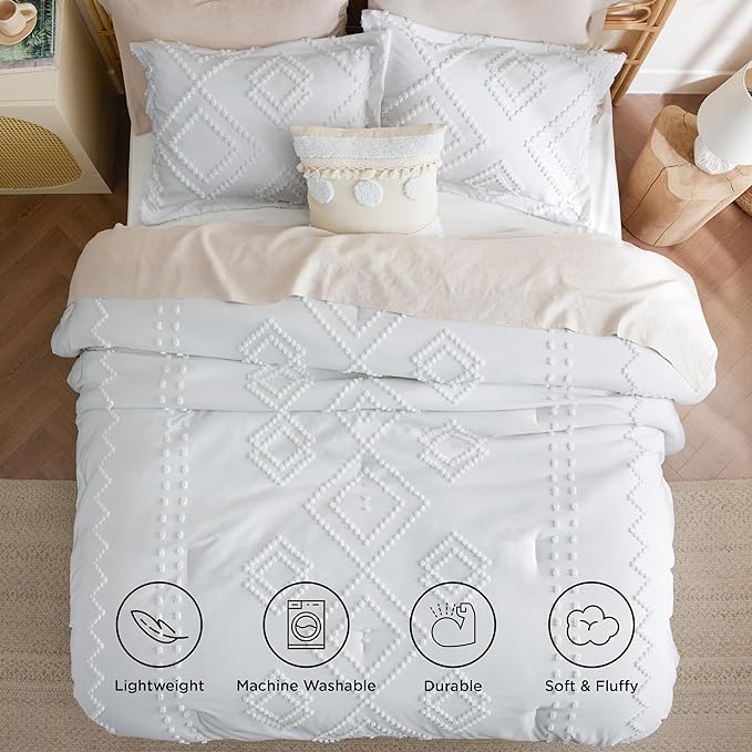 Bedsure Boho Comforter Set Full - Linen Tufted Bedding Comforter Set, 3 Pieces Farmhouse Shabby Chic Embroidery Bedding Set, Soft Geometric Pattern Comforter for All Seasons