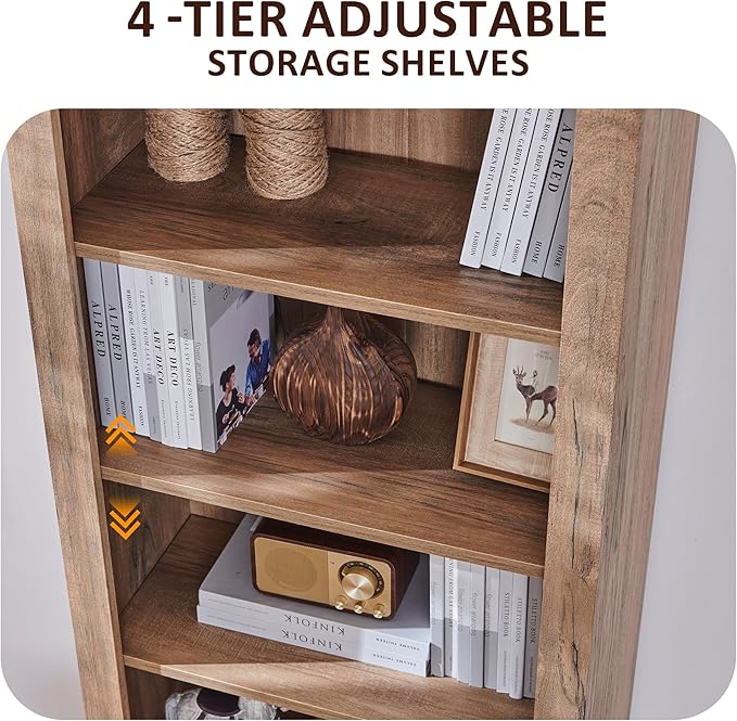 OKD 72'' Tall Bookshelf with Storage, Farmhouse 4 Tier Bookcase with Barn Door, Adjustable Shelves and Drawers, Rustic Wooden Office Bookshelves for Home Bedroom, Living Room, Library (Natural Oak)