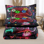 NINENINE Gaming Bedding Sets for Boys 5PCS Queen Size Gamer Comforter Gampad Contoller Video Kids Teens Black Bedding Comforter Sheet Set(1Comforter, 1Flat Sheet, 1Fitted Sheet, 2Pillowcases)