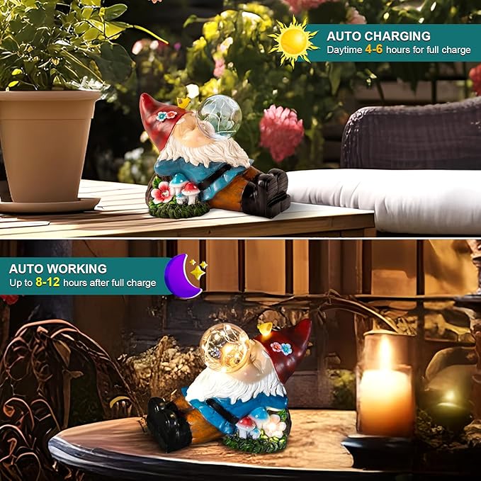 Gnome Solar Garden Statue with LED Light - Waterproof Outdoor Decoration for Terrace, Courtyard & Lawn for Moms & Women