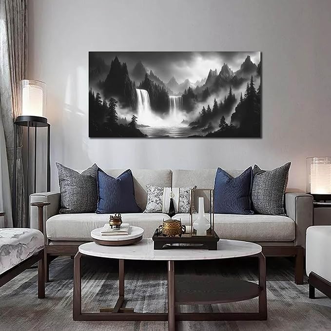 HUBOSKN Waterfall Pictures Wall Decor for Living Room - Mountain Wall Art for Office - Black and White Canvas Wall Art for Bedroom Size 24" x 48"