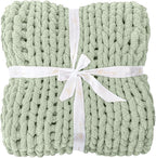 Bigacogo Chunky Knit Throw Blanket for Couch, 40x80 inches, 100% Hand Knitted with Thick Jumbo Chenille Yarn, Cozy Soft Large Rope Knot Cable Crochet Blankets for Sofa Bed Living Room, Sage Green