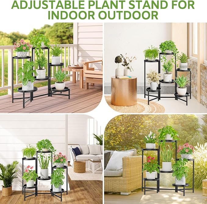 iDavosic.ly 6 Tier Large Plant Stand Indoor with 10 Inch Wide Tray, Tiered Corner Metal Outdoor Flower Display Holder Shelf, Folding Tall Rack for Patio Porch Living Room, Modern Black