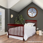 Aden 4-in-1 Convertible Mini Crib In Cherry, Greenguard Gold Certified, Non-Toxic Finish, New Zealand Pinewood, With 3 Mattress Height Settings