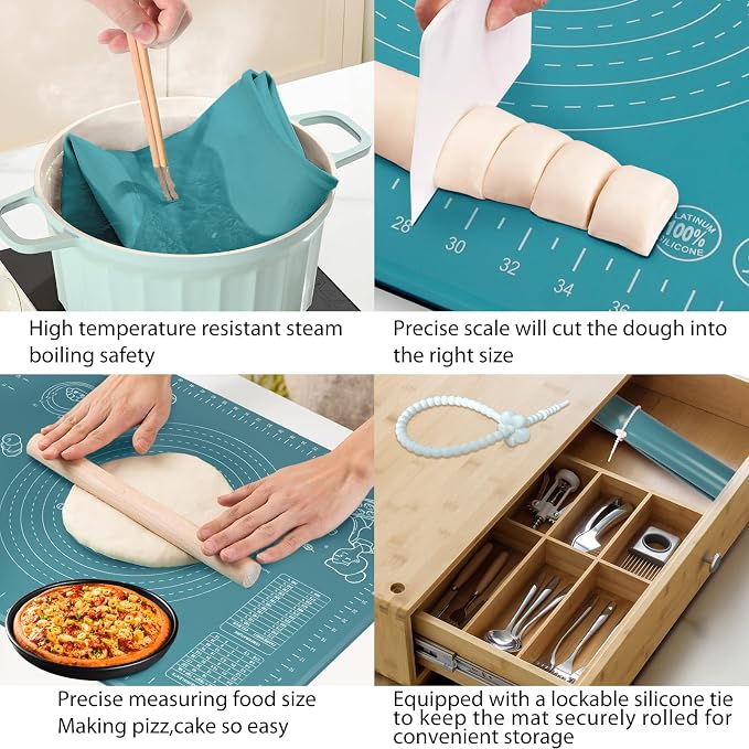 Silicone Pastry Mat 32" x 24" Extra Thick Non Stick Baking Mat with Measurements and Edge Heightening, Food Grade Silicone Rolling Mat for Pastry, Bread, Cookies, Pizza, Fondant, Pasta