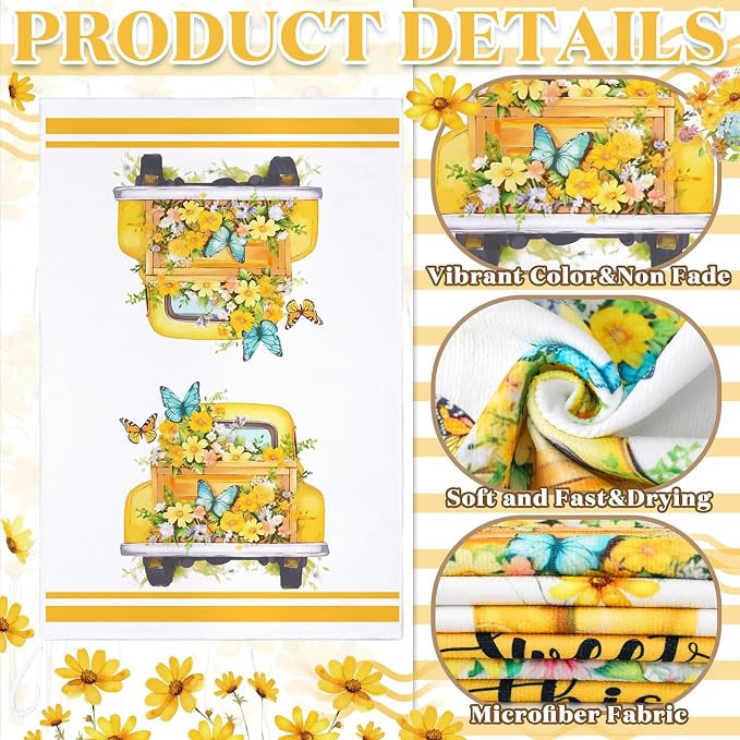 Boyiee Set of 6 Yellow Flower Kitchen Towels Decorative Floral Tea Towels Absorbent Home Dish Towels 24 x 16 Inch Truck Reusable Hand Towel Housewarming Gift for Farmhouse Kitchen Bathroom Decoration
