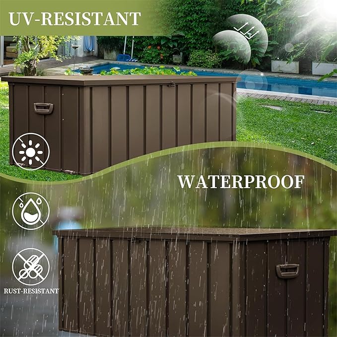 CHUNLY 150 Gallon Storage Deck Box with Lockable Lids, Outdoor Storage Bench with Mobility Rollers, Waterproof Patio Storage Box for Furniture Cushions, Throw Pillows & Garden Tools (Dark Brown)