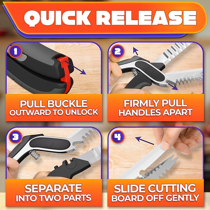 7-in-1 Cutting Board Scissors for Food with Ribbed Blades & Chopping Board | Heavy Duty Vegetable Scissors Food Cutter, Spring Assist, Safety Lock, Dishwasher Safe, Suitable for Meat & Vegetables