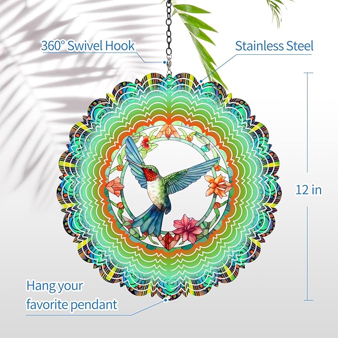 Wind Spinners Outdoor Hummingbird - Birthday Gifts for Women Mom Wife, Hanging Wind Sculptures Wind Spinners, 12 inch 3D Wind Spinner for Garden Decor for Outside, Garden, Patio, Yard, Outdoor
