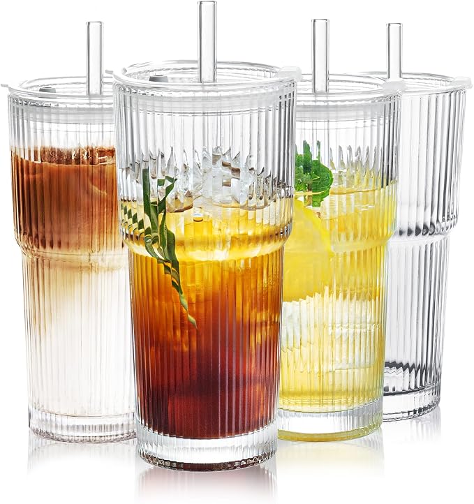Puraville 4 Pack Glass Cups with Lids and Straws, 20oz, Ribbed Pattern | Reusable Thick Iced Coffee Tumblers for Juice Cold Drinks, Leak Proof Glassware for Summer
