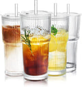 Puraville 4 Pack Glass Cups with Lids and Straws, 20oz, Ribbed Pattern | Reusable Thick Iced Coffee Tumblers for Juice Cold Drinks, Leak Proof Glassware for Summer