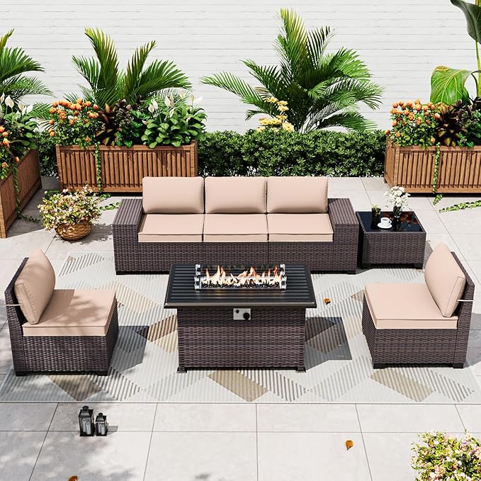 ALAULM 7 Pieces Patio Furniture Set with Fire Pit Table 55000BTU, Oversized Seat/Armrest and High Back Wicker Conversation Set with Thick Cushion for Backyard, Garden, Sand