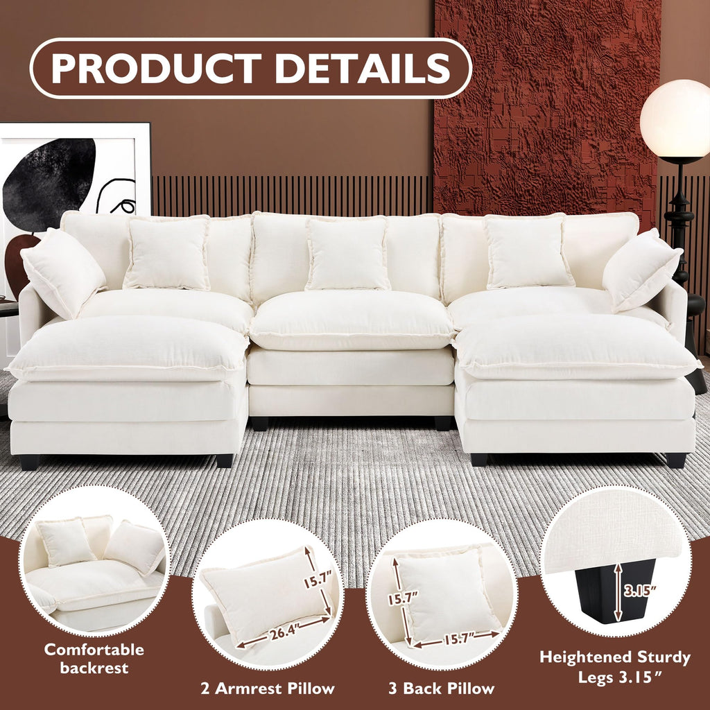 Ihanherry 111.4" L Shaped Modern Sofa Modular Sectional Cloud Couch with Ottoman, 4-Seat Chenille Deep Seat Sofa with Pillow for Living Room, Bedroom and Apartment, Beige