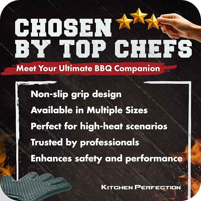 KITCHEN PERFECTION Silicone Smoker BBQ Gloves - Heat Resistant Oven Mitts | Waterproof, 5-Finger Design For A Better Grip, for Pitmasters, Meat Smoking, Grilling, Cooking, Frying Turkey | Grill Gift