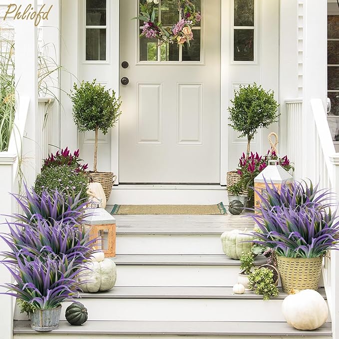 32Pcs Artificial Grass Fake Plants 17.3in Outdoor Plants UV Resistant Faux Greenery Stems Fake Grass for Home Window Garden Office Patio Pathway Front Porch Halloween Décor Green & Purple