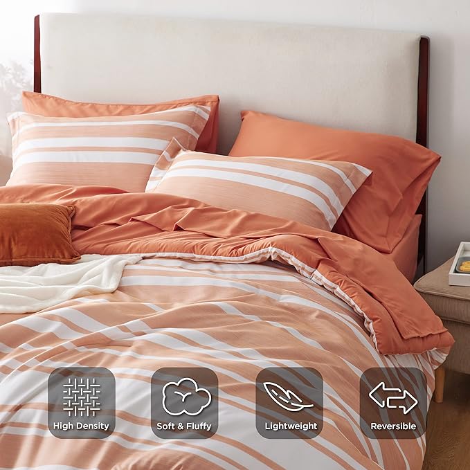 Bedsure Bed in a Bag California King Size 7 Pieces, Burnt Orange White Striped Bedding Comforter Sets All Season Bed Set, 2 Pillow Shams, Flat Sheet, Fitted Sheet and 2 Pillowcases