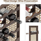 24 Bottle Wine Rack Freestanding Floor, Wine Bottle Holder, Boho Pine Wood & Rattan Mesh Wave Design, for Kitchen Bar Cellar Storage, 16.5" x 9.1" x 29.5"