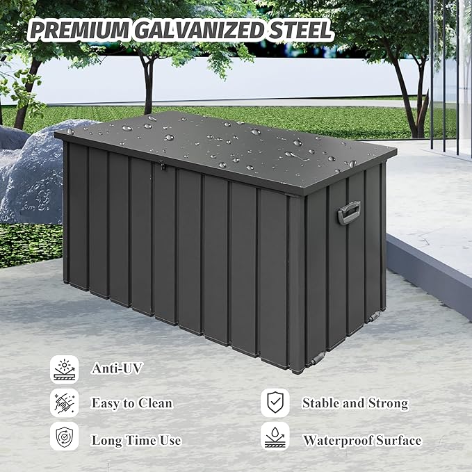 Domi Deck Box 190 Gallon, Waterproof Lockable Steel Outdoor Storage Container for Outside Cushions, Garden Tools and Pools Equipment, Gray