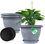 10 Inch Flower Pots Planters for Indoor Outdoor Plants, 3 Pack Plastic Large Plant Pots with Drainage Hole & Tray, Modern Decorative Garden Pot with Saucer, Plant Container for House