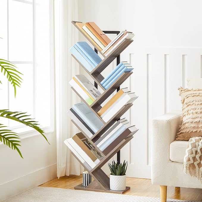 HOOBRO Tree Bookshelf, 9-Tier Bookcase Wooden Shelves, Floor Standing Storage Rack, for Display of CDs, Books in Living Room, Home Office, Wood Storage Rack for Bedroom, Greige BG08SJ01G1