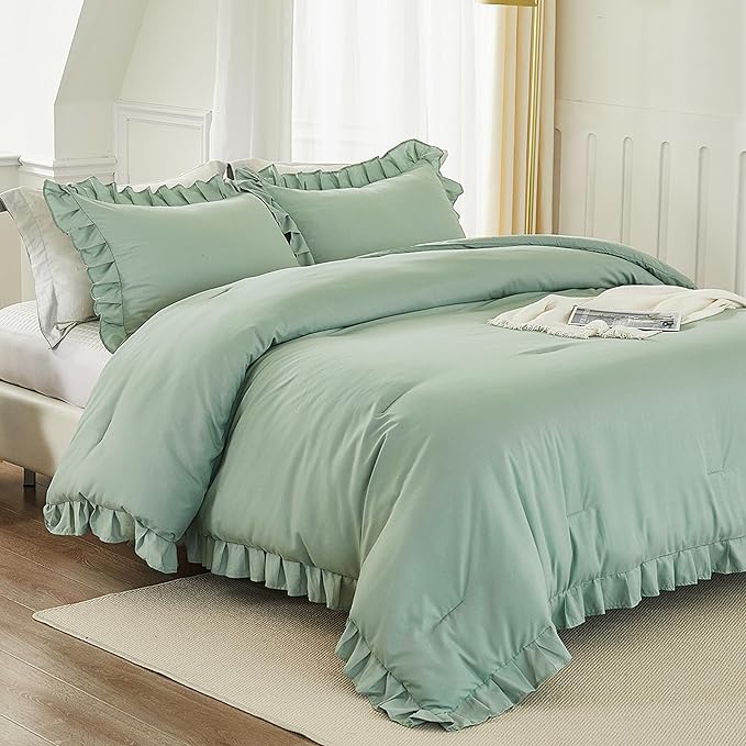Andency Sage Green Comforter Set King, 3 Pieces Vintage Farmhouse Shabby Chic Ruffle Comforter, Lightweight Soft All Season Microfiber Down Alternative Bedding Comforter Set (104x90Inch, Green)