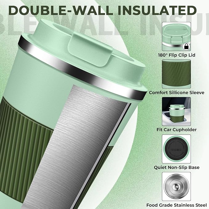 Insulated Coffee Tumbler 12 oz, Stainless Steel Coffee Mug with Lids, Travel Coffee Mug Leak Proof, Double Wall Vacuum Insulated Reusable Coffee Cup, Keep Drinks Hot and Cold (Light Green, 12 Ounces)