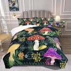 Mushroom Comforter for Girls Boys Teen, Cartoon Fungus Bedding Set Full Size, Cute Plants Pattern Black Comforter Set Soft Breathable Microfiber Quilt for All Season 3Pcs with Pillowcases