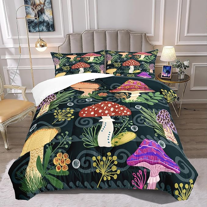 Mushrooms Bedding Set Twin Size, Cartoon Fungus Comforter for Girls Boys Teens, Black Lovely Quilt Botanic Pattern Comforter Set Soft Breathable Cute Duvet Set for All Season 2Pcs with Pillowcase