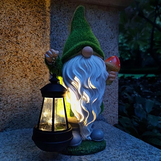 Solar Gnomes Garden Statues,Resin Gnome Figurine Holding Mushroom and Solar Lights Lantern,Outdoor Yard Art Decorations for Garden Patio Lawn