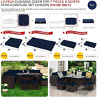 ClawsCover 13Pack Outdoor Seat and Back Cushions Replacement Covers Fit for 7Pieces Wicker Rattan Patio Furniture Set Sectional Couch with Dining Table and Ottoman,Navy-Include Cover Only