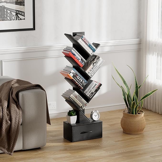 Egepon 6-tier Tree Bookshelf with Drawer Black Book Shelf Storage Rack Floor Standing Bookcase for CDs Movies Books Multifunctional Organizer Shelves for Home Office Living Room Bedroom