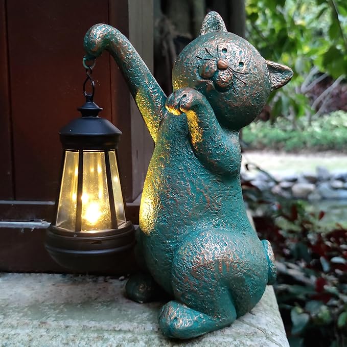 Cat Garden Statue Outdoor Décor with Solar Lights Lantern,Cat Solar Light Figurines Outside Decorations for Yard，Lawn Patio, Balcony, Unique Housewarming Gifts