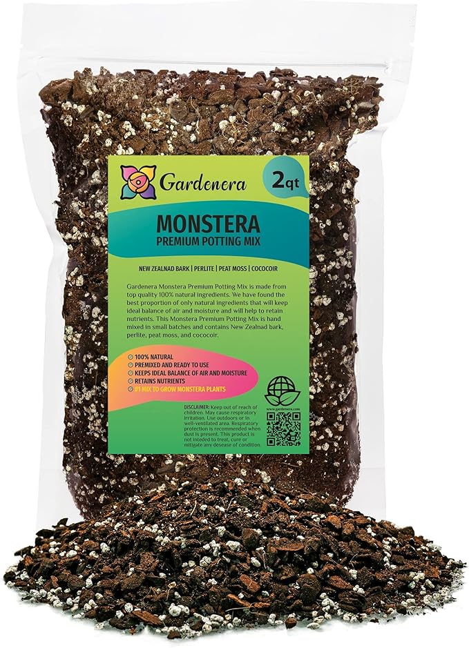 Premium Monstera Soil Mix by Gardenera - Perfect Drainage and Moisture Retention for Swiss Cheese Plant (2 Quart)