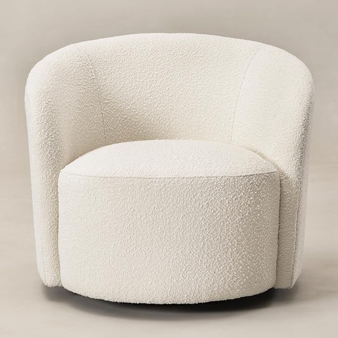 KINWELL Sherpa Swivel Barrel Chair & Round Ball Pillow Set - 34" Wide Modern Boucle Accent Chair with 9” Matching Nordic Decorative Throw Pillow for Living Room and Bedroom(Cream)