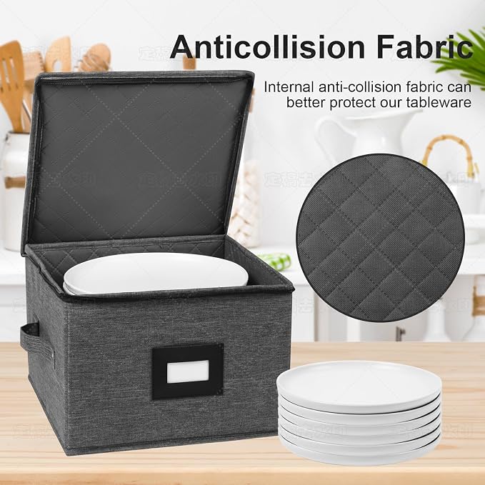 China Storage Containers Hard Shell, 12" Plates Storage Box for Dishes | Stackable Dinnerware Storage Containers with 48 Felt Dividers (4 Pack Black)