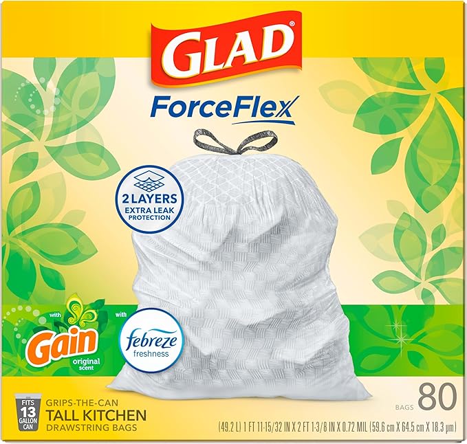 Glad ForceFlex Tall Kitchen Trash Bags, 13 Gal, Gain Original with Febreze, 80 Ct (Pack May Vary)