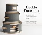 Hard Shell China Storage Containers – 4 Piece Set for Storing Dinner Plates, Salad Plates, Quilted Dividers for Safe Moving and Seasonal Storage, Grey with Brown Edging