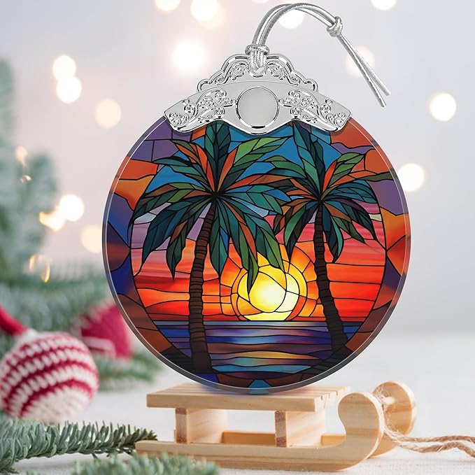 Stained Glass Retro Beach Christmas Ornament - Holiday Home Decor - Tree Decoration - Gift Exchange Present Ideas
