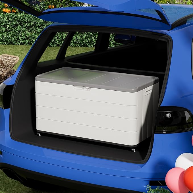 100GAL White Resin Deck Box with Wheels – Lockable, Waterproof, SGS-Tested UV Resistance, Spacious Outdoor Storage for Patio Cushions & Pool Gear, Easy Assembly