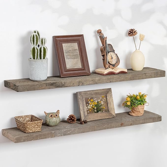 Floating Shelves | 8" Deep Rustic Reclaimed Barnwood Wall Hanging Shelves with Invisible Heavy-Duty Metal Bracket | Wall Mounted | Farmhouse Style | 36 inches, 2 PCs, Distressed Grey
