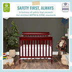 Aden 4-in-1 Convertible Mini Crib in Cherry, Greenguard Gold Certified & Sunset 3” Extra Firm Fiber Crib Mattress, Greenguard Gold Certified