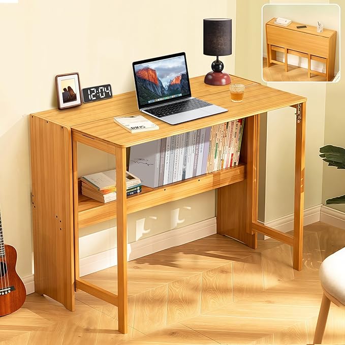 39.37" Bamboo Folding Desk,Space-Saving Computer Desk for Small Spaces, Foldable Study Table for Bedroom, Home Office, Dorm, Apartment (Natural)